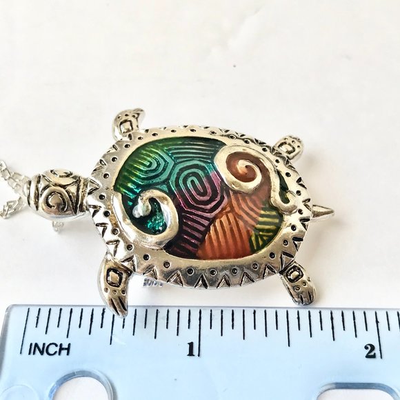 Silver Sea Turtle Brooch Pendant Necklace Pin Enamel Multicolor Rhodium Plated - Picture 8 of 10